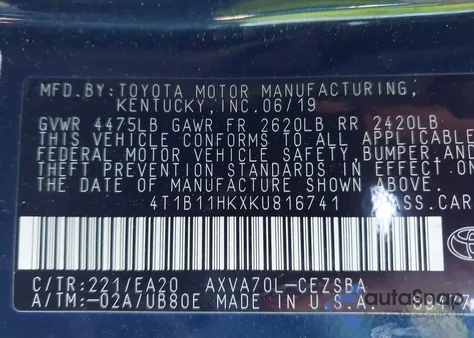 2019 Toyota Camry Se z USA, uszkodzony, nr VIN 4T1B11HKXKU816741